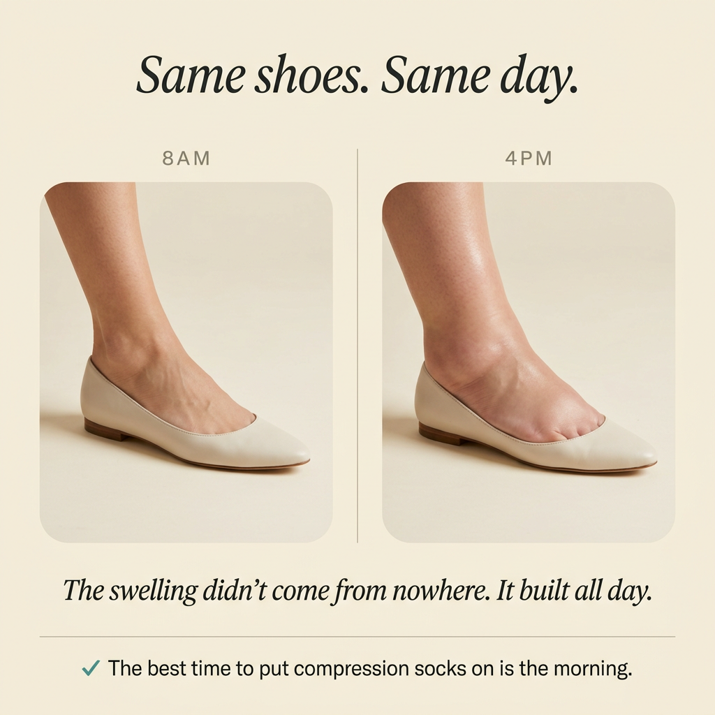 Pregnancy compression socks worn as part of a daily routine