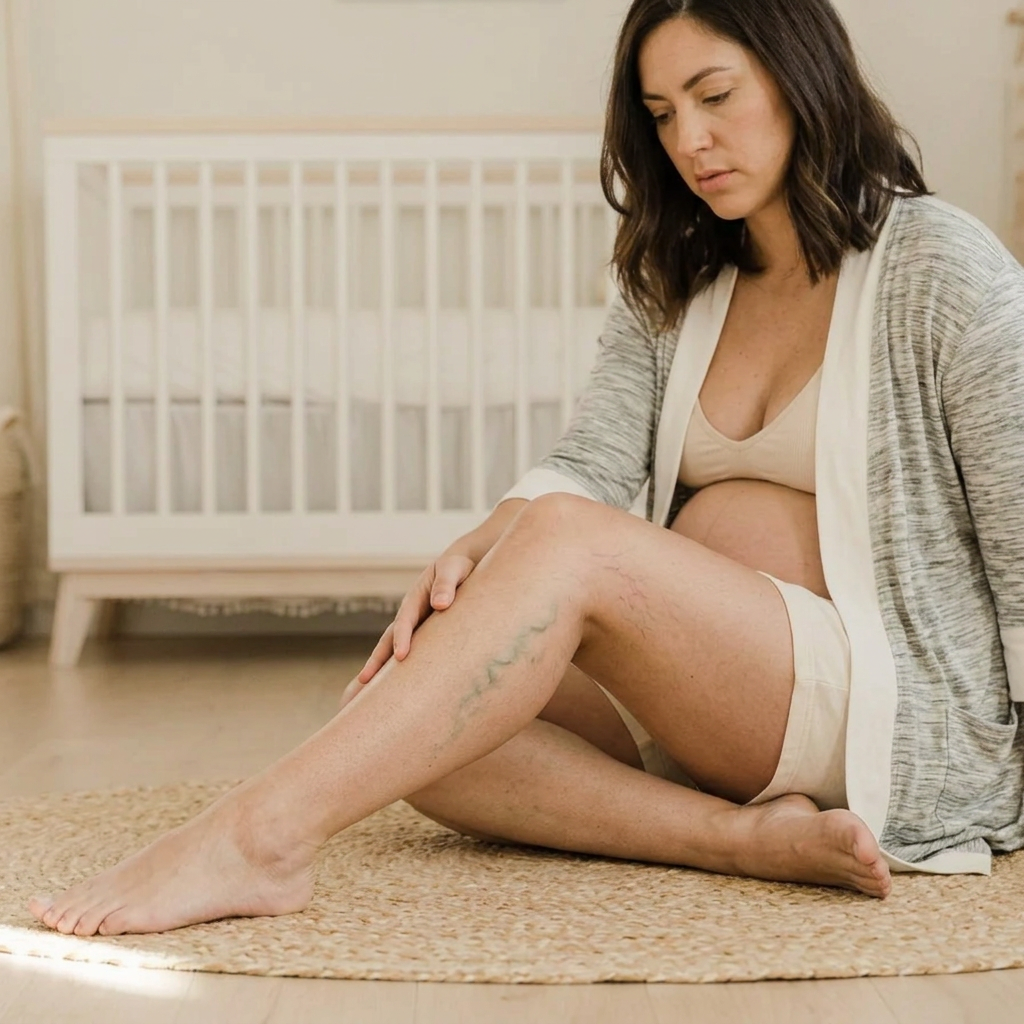 Pregnant woman wearing LumaBelly compression socks